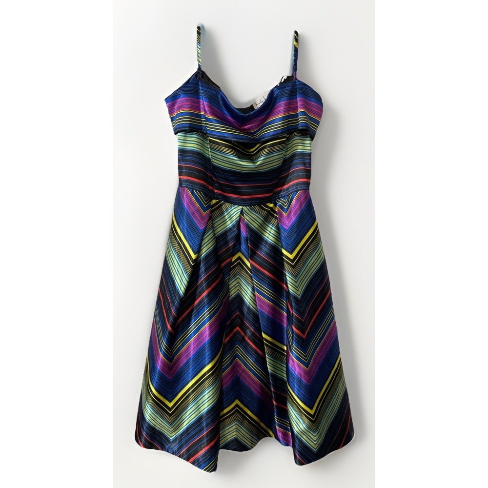 Nicole Miller Dress fit-and-flare Retro Rainbow midi cocktail stripe Size 12